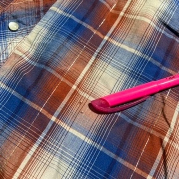 Rustler Wrangler Mens Plaid Western Pearl Snap Shirt Blue Orange Metallic Medium - Picture 10 of 13